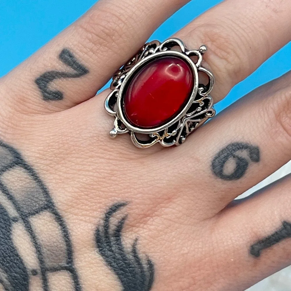 Red Jewel Ornate Silver Tone Stretch Ring Statement Goth Victorian Boho Filigree